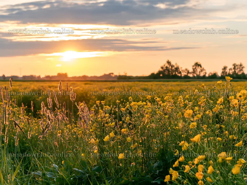 Colorful buttercup meadow during sunset with golden flowers – meadow photos 9174x6866