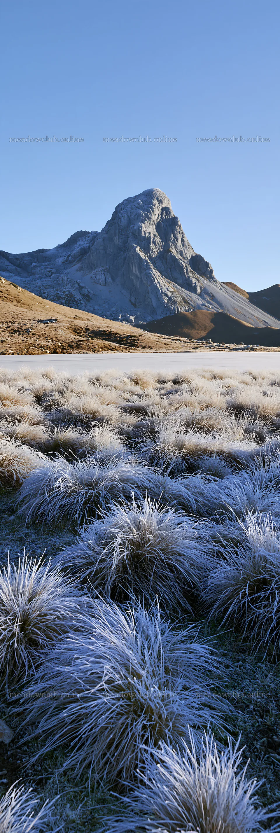 Frozen tarn meadow near a mountain in clear blue sky – meadow photos 4602x13690