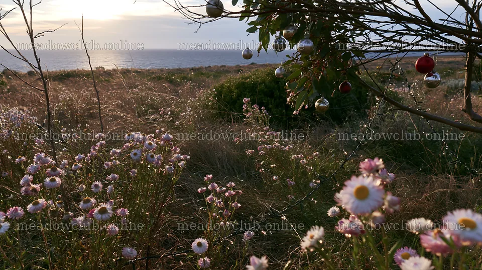 Wide Christmas meadow with native flowers and fairy lights – meadow photos 10608x5938