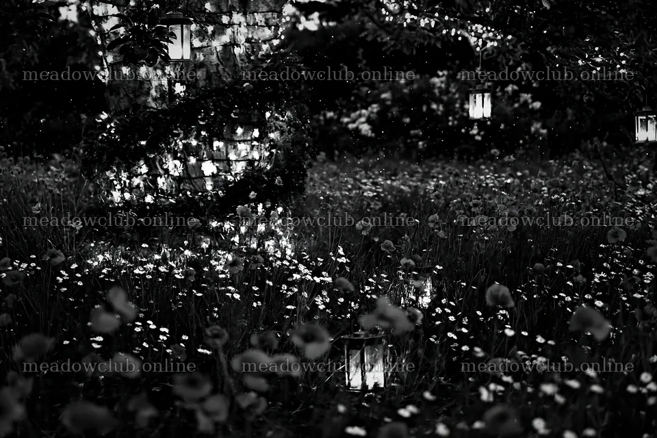 Nighttime meadow with apple trees and lanterns – meadow photos 9722x6480