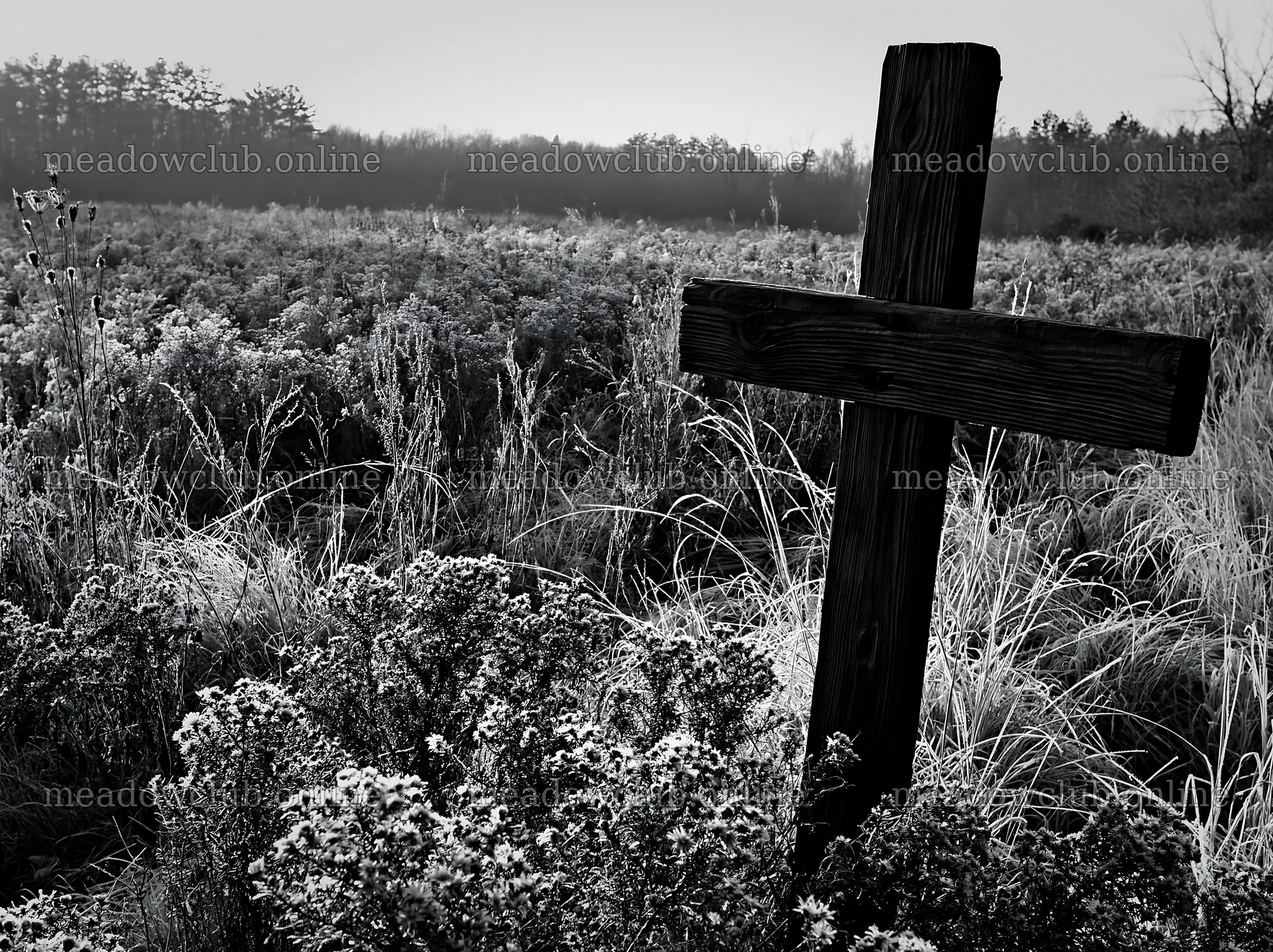 Wooden Christian cross in Christmas meadow with flowers – meadow photos 9174x6866
