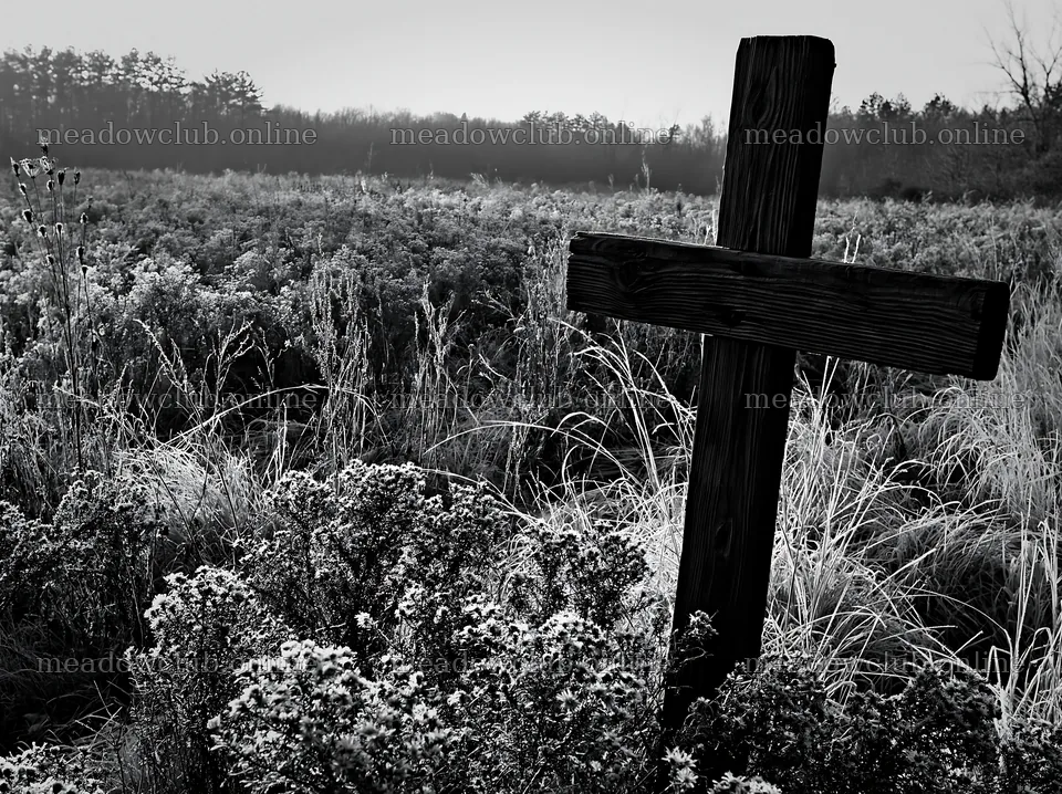 Wooden Christian cross in Christmas meadow with flowers – meadow photos 9174x6866