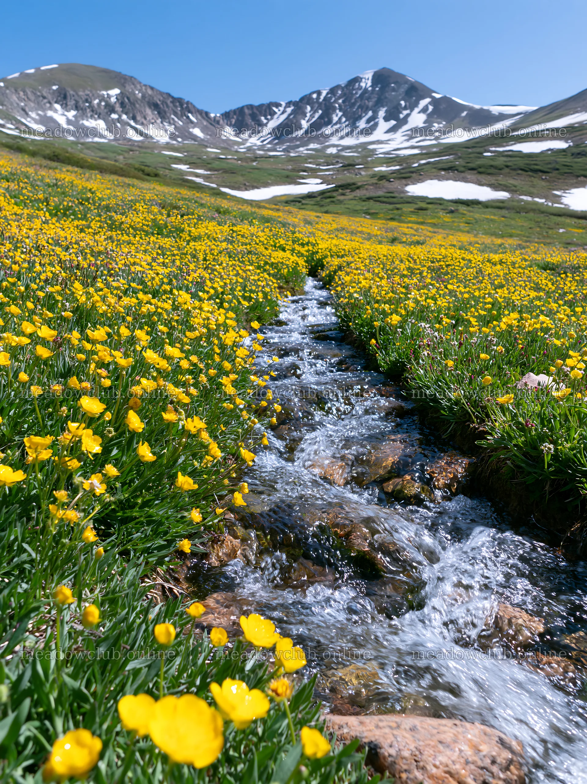 Colorful buttercup meadow with a running stream in the mountains – meadow photos 6866x9174