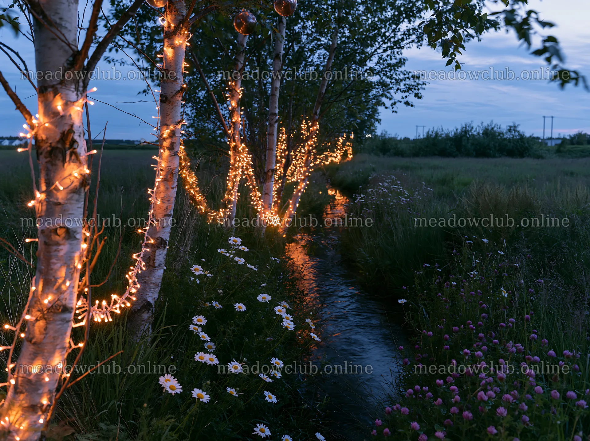 Christmas lights shining beside stream in meadow at dusk – meadow photos 9174x6866