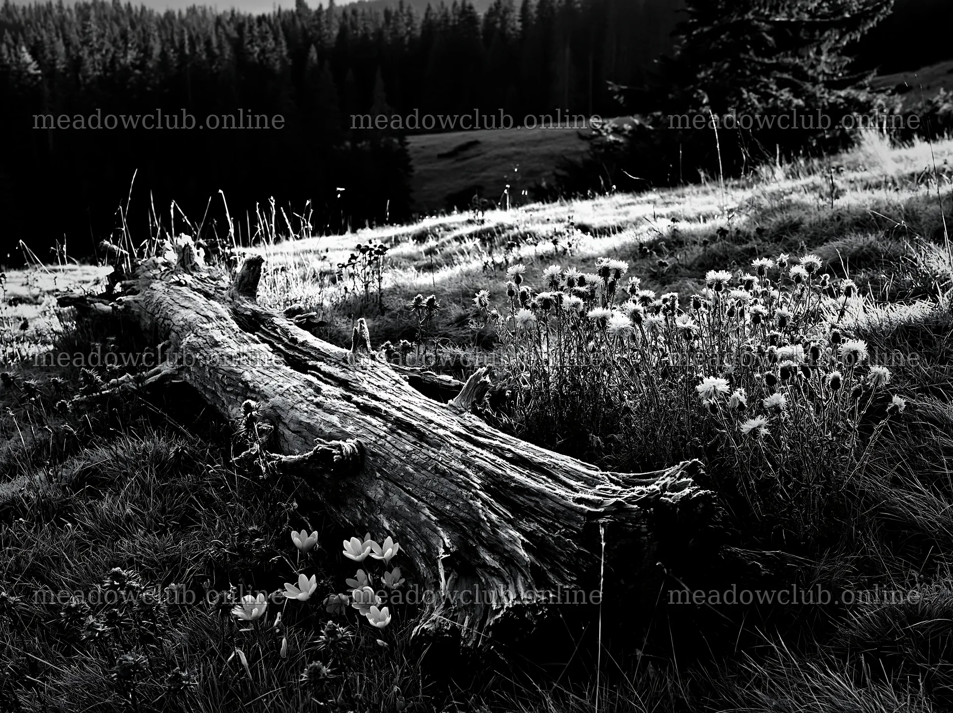 Weathered log in a meadow surrounded by wildflowers – meadow photos 9174x6866