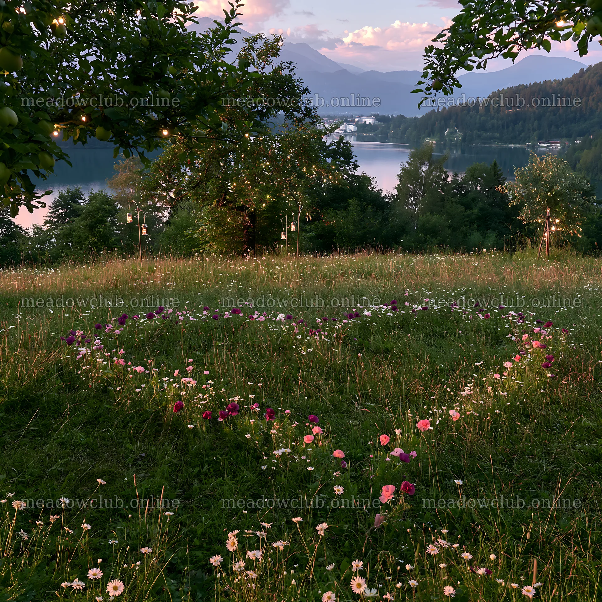 Christmas meadow with apple trees and lanterns at Lake Bled – meadow photos 7938x7938