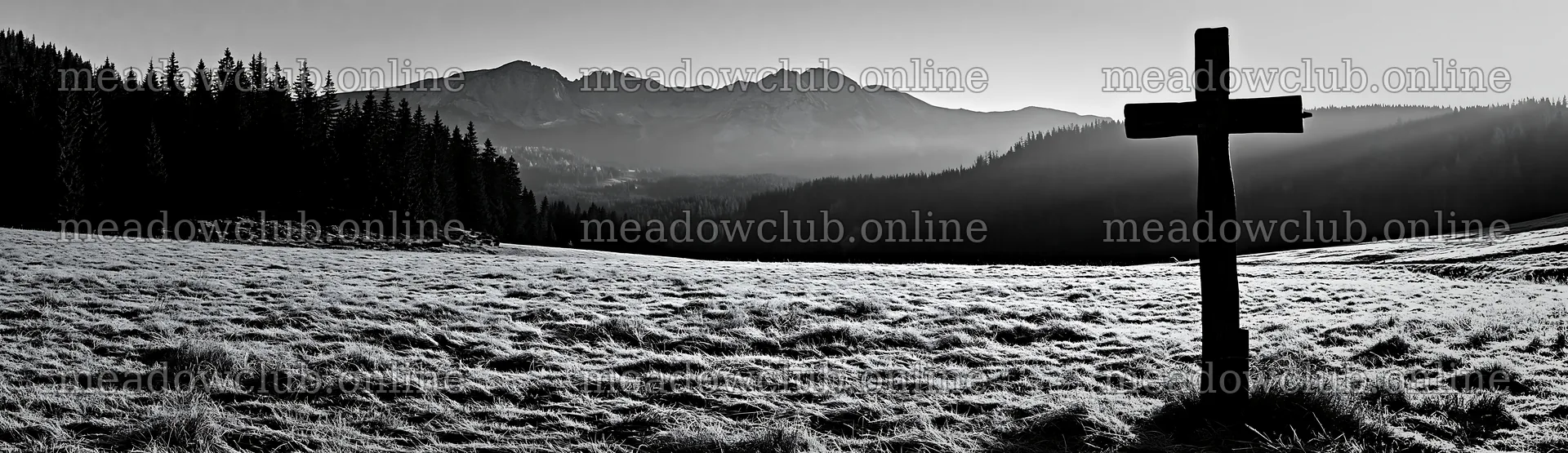 Carved oak cross stands in frosted meadow at mountain edge – meadow photos 14762x4268
