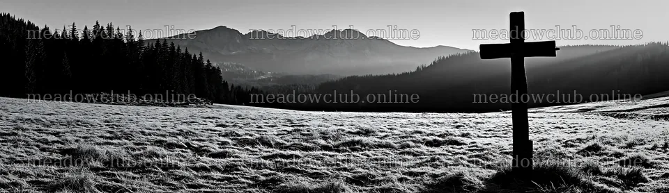 Carved oak cross stands in frosted meadow at mountain edge – meadow photos 14762x4268