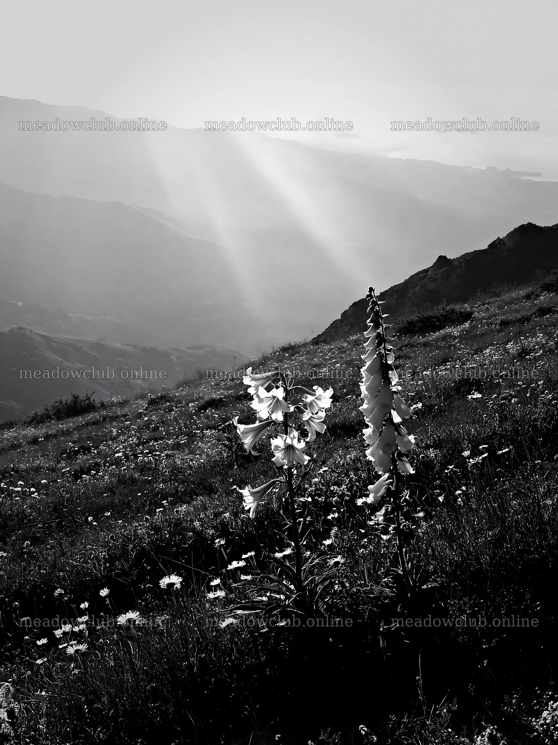 Sunrays shine over Picos de Europa meadow with wildflowers – meadow photos 6866x9174