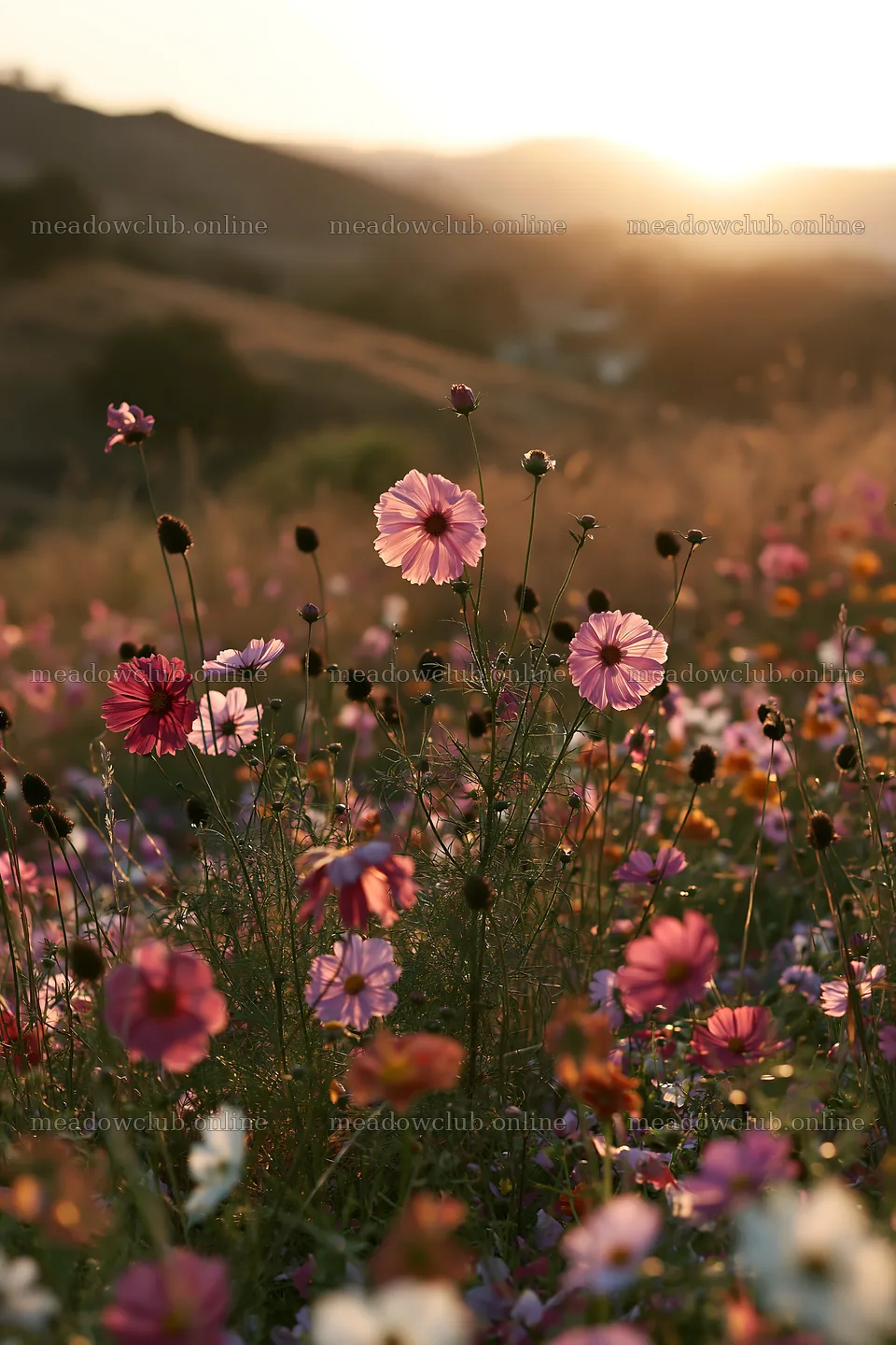 Colorful cosmos meadow with flowers at sunset – meadow photos 6480x9722