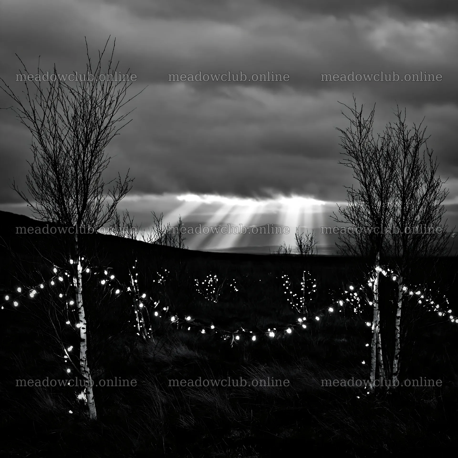 Christmas decorations in meadow beneath clouds and sunbeams – meadow photos 7938x7938