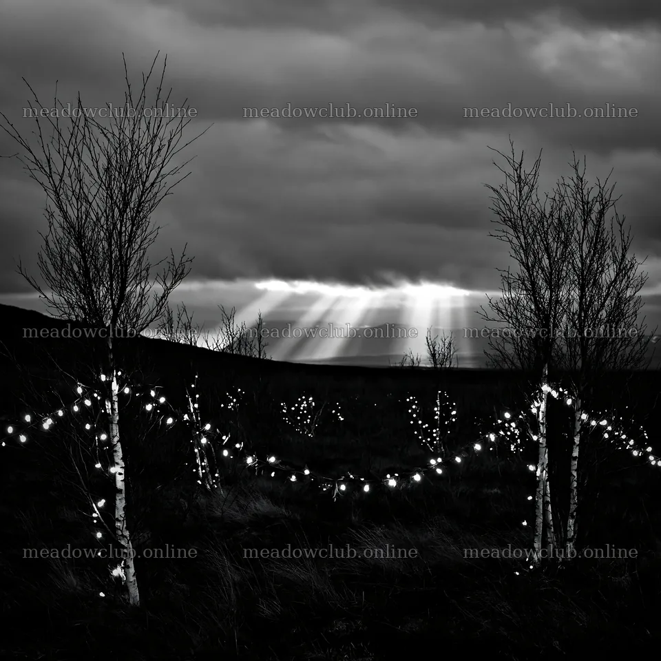 Christmas decorations in meadow beneath clouds and sunbeams – meadow photos 7938x7938