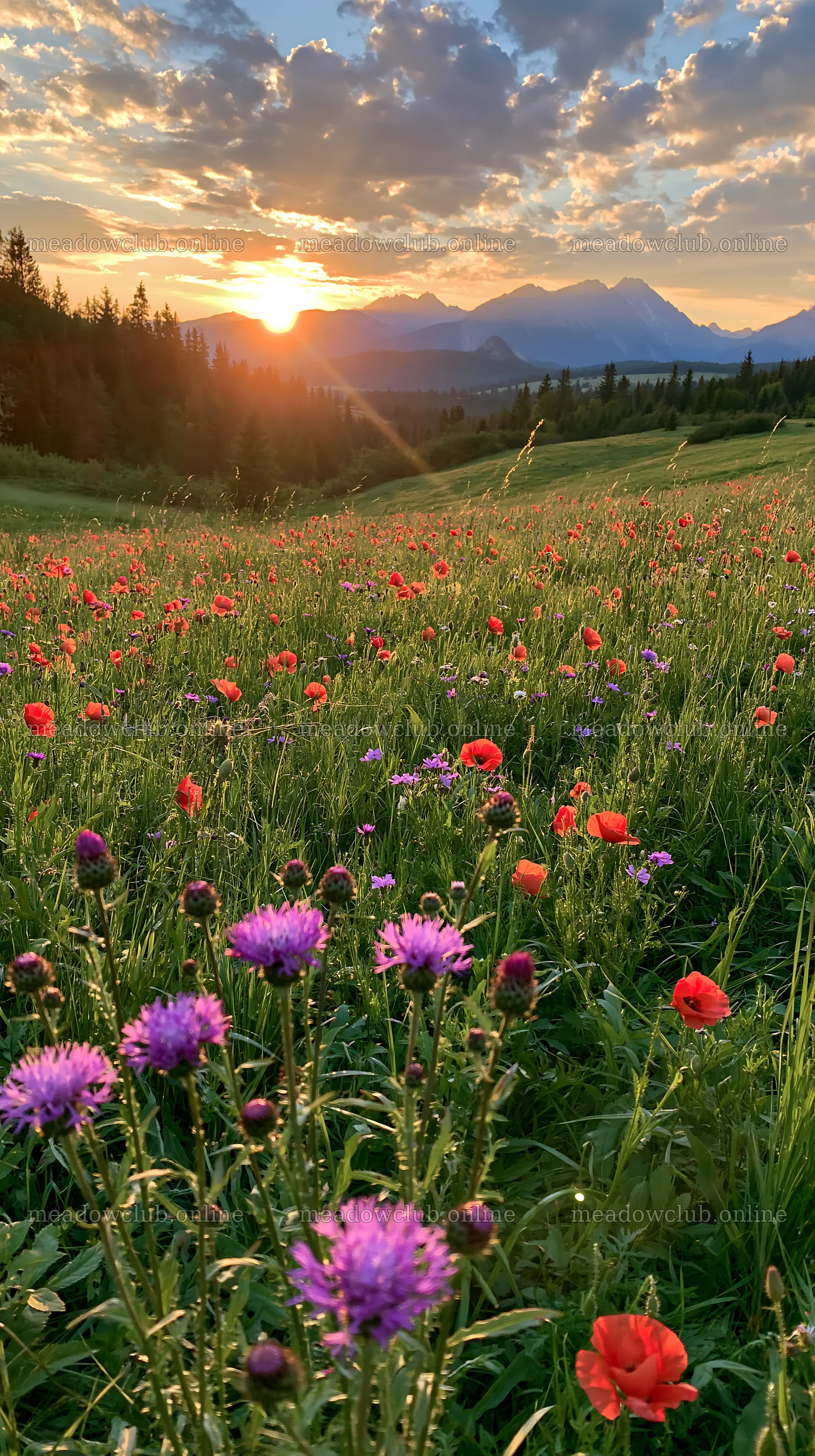 Sunset over a flower meadow in the Tatra Mountains – meadow photos 5938x10608