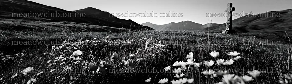 Christian cross in alpine meadow with flowers and mountains – meadow photos 14762x4268