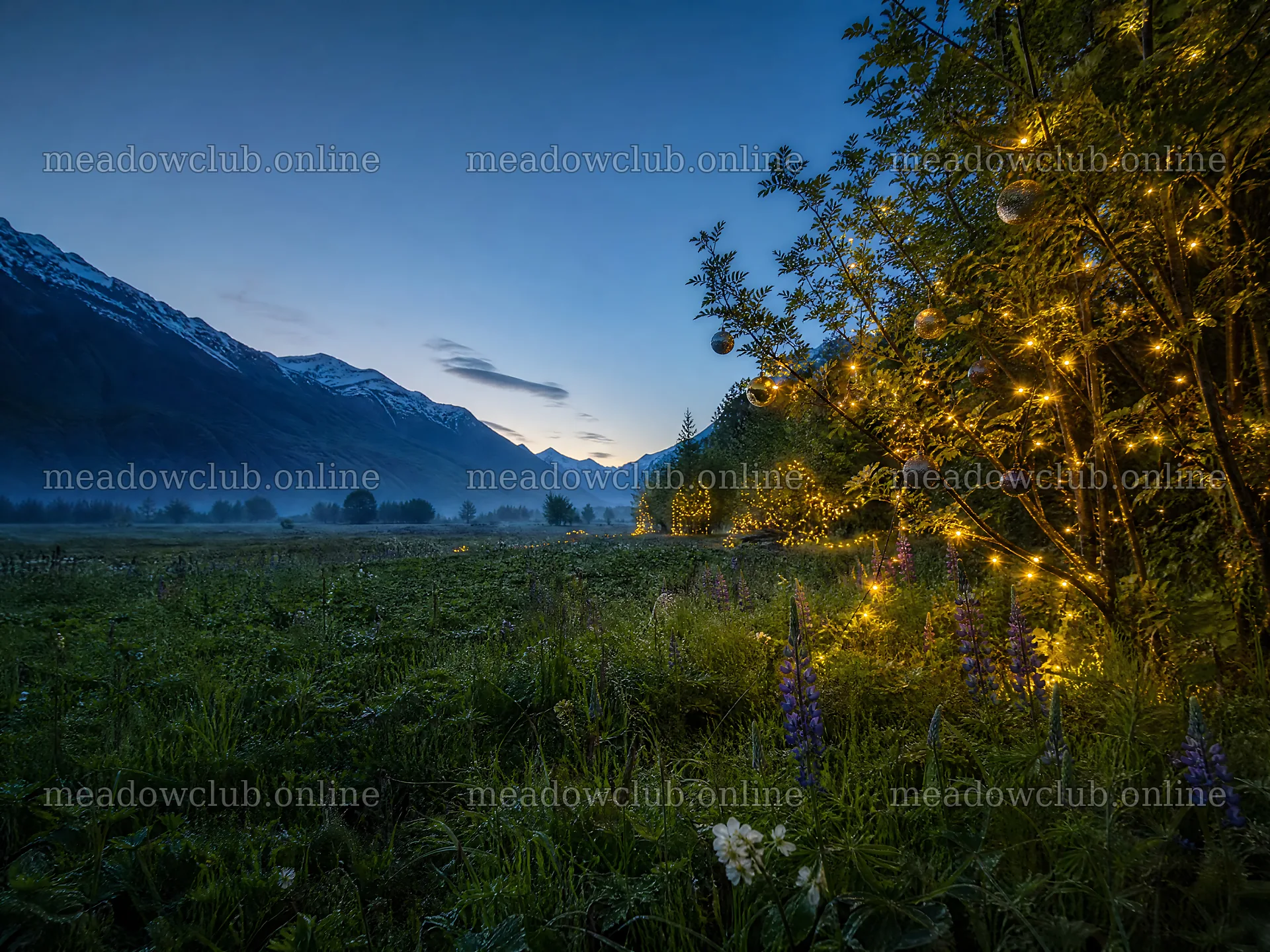 Warm Christmas lights in mountain valley meadow at dusk – meadow photos 9166x6874