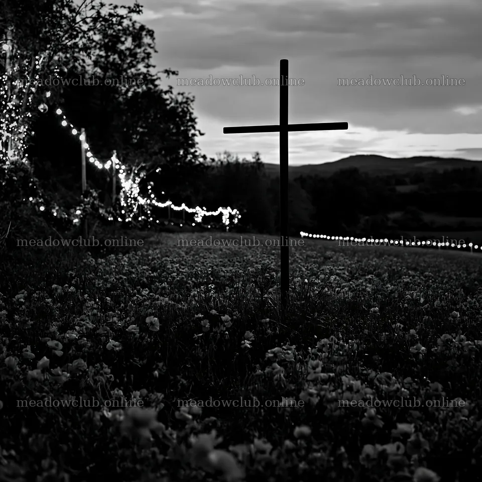 Iron Christian cross overlooking a valley meadow at dusk – meadow photos 7938x7938