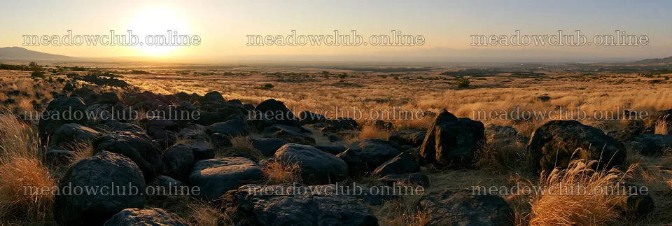 Kanagawa meadow with volcanic stones under sunset light – meadow photos 13690x4602