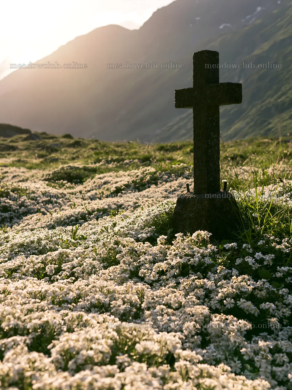 Stone Christian cross in alpine valley meadow at sunset – meadow photos 6866x9174