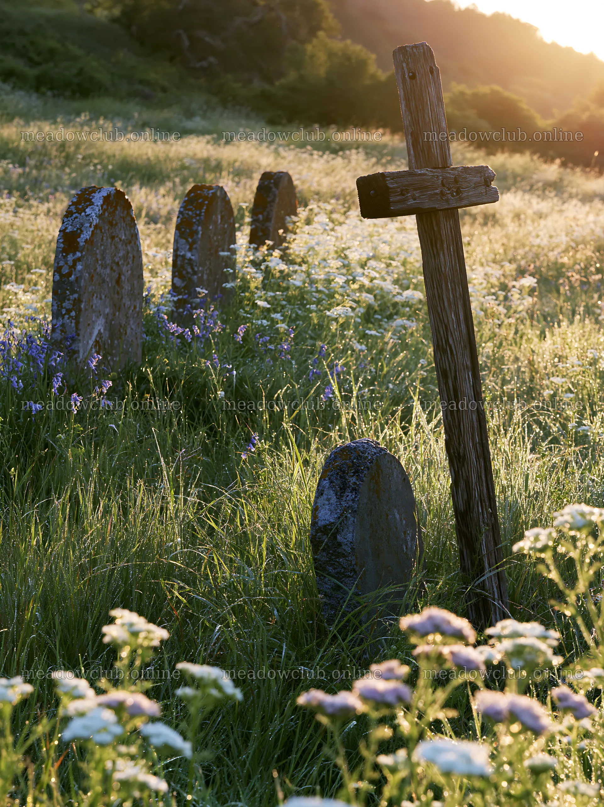 Christian cross in meadow at sunrise – meadow photos 6866x9174
