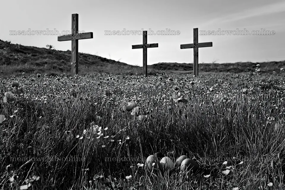 Christian crosses in conservation meadow with flowers – meadow photos 9722x6480
