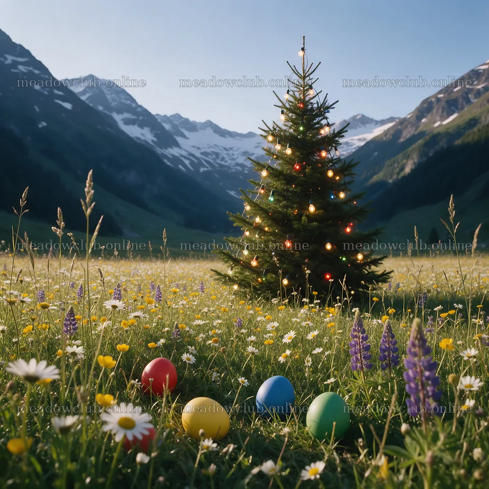 Decorated Christmas tree in mountain valley meadow – meadow photos 7938x7938