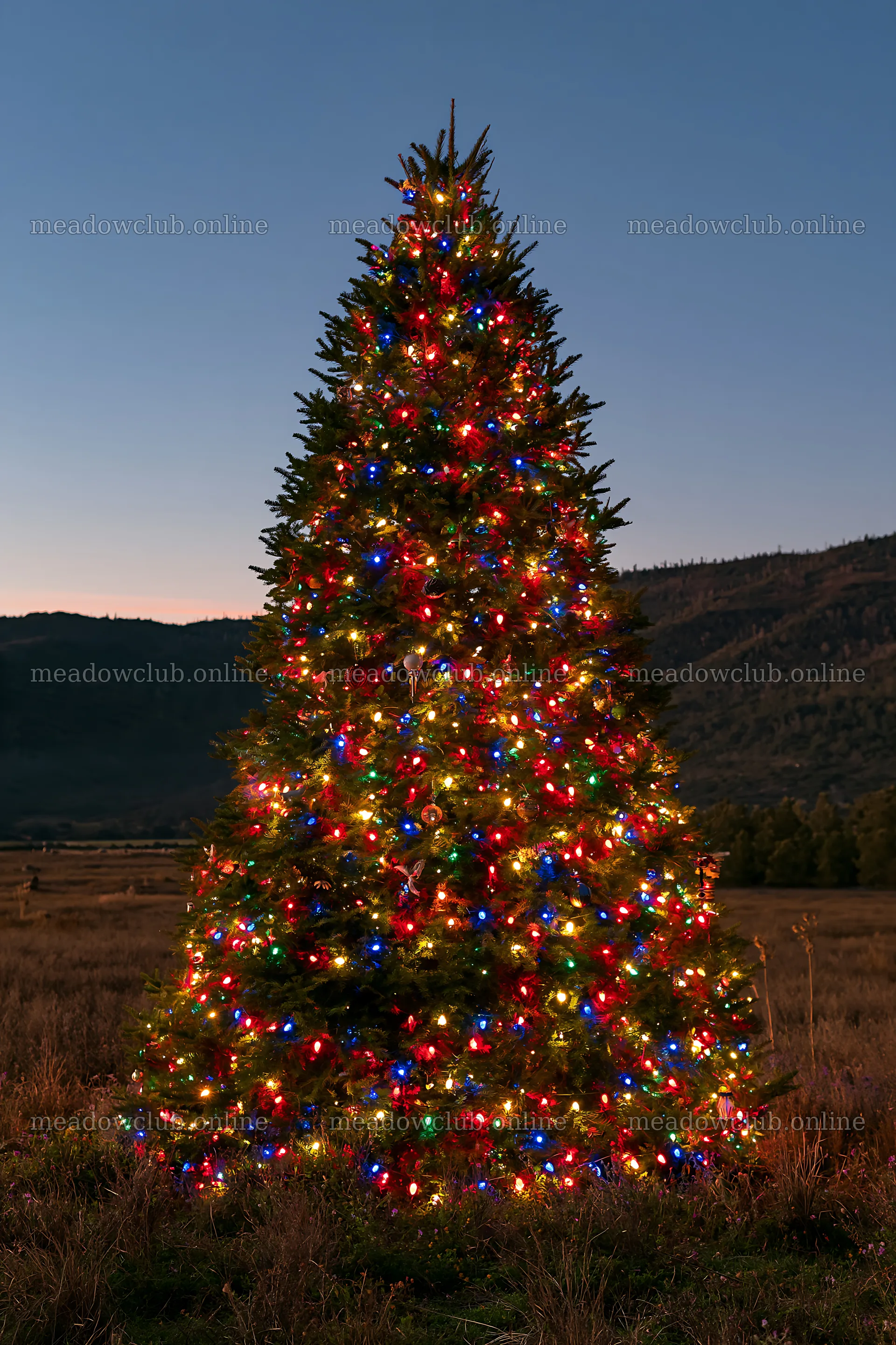 Christmas tree with ornaments in valley meadow – meadow photos 6480x9722