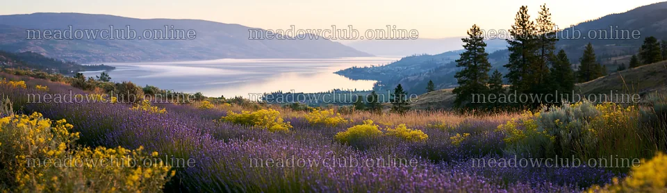 Colorful lavender meadow near a lake at sunset – meadow photos 14762x4268