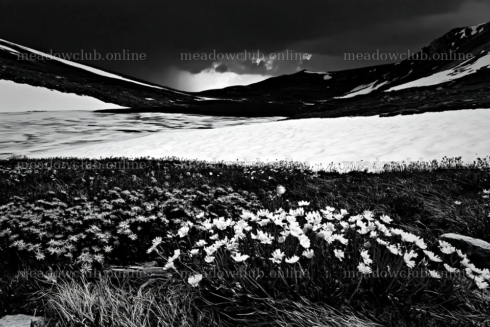 Frozen tarn meadow with flowers and snow in black and white – meadow photos 9722x6480
