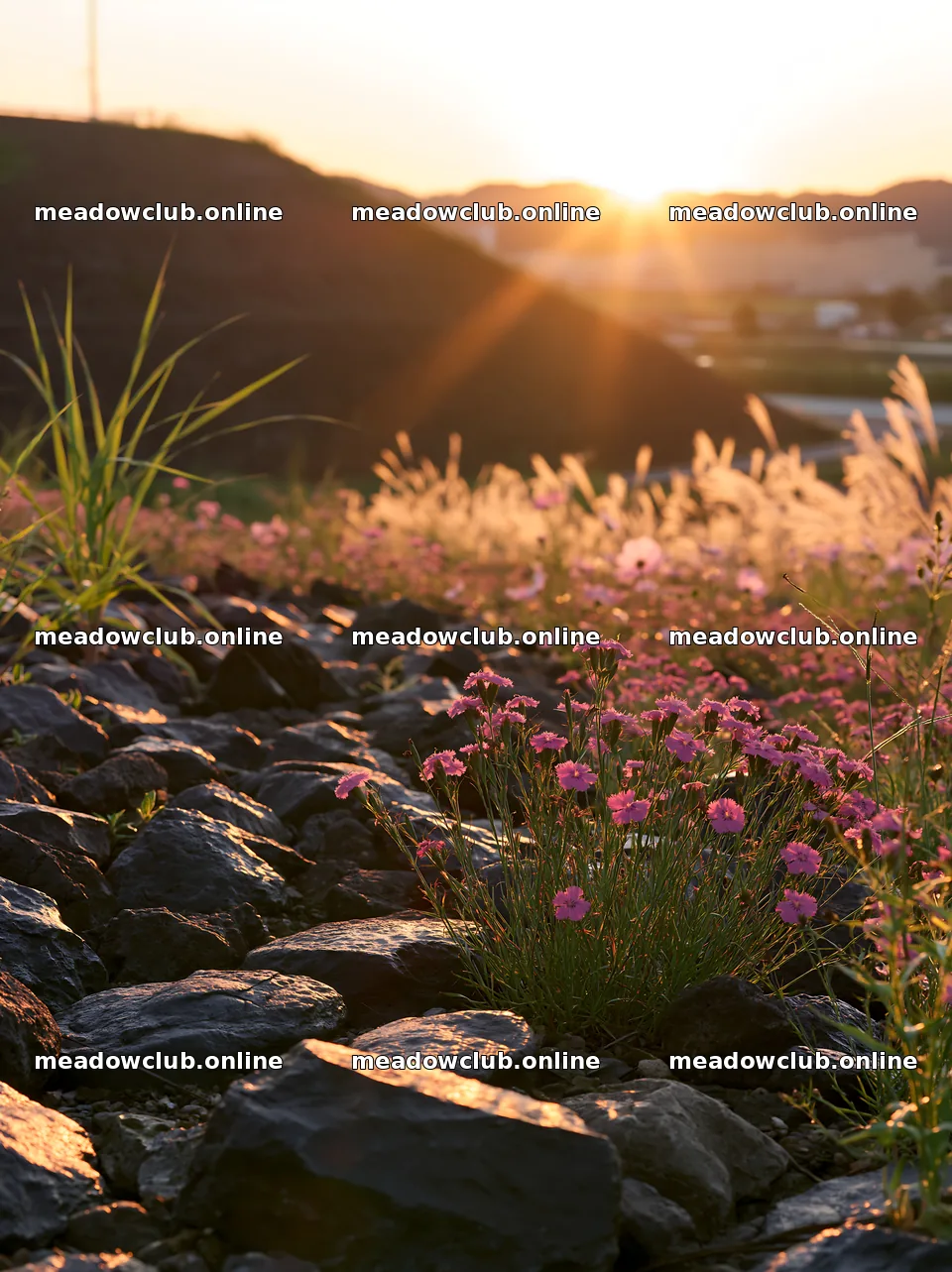 Kanagawa heat resilient meadow volcanic stones under sunset light – meadow photos 6866x9174