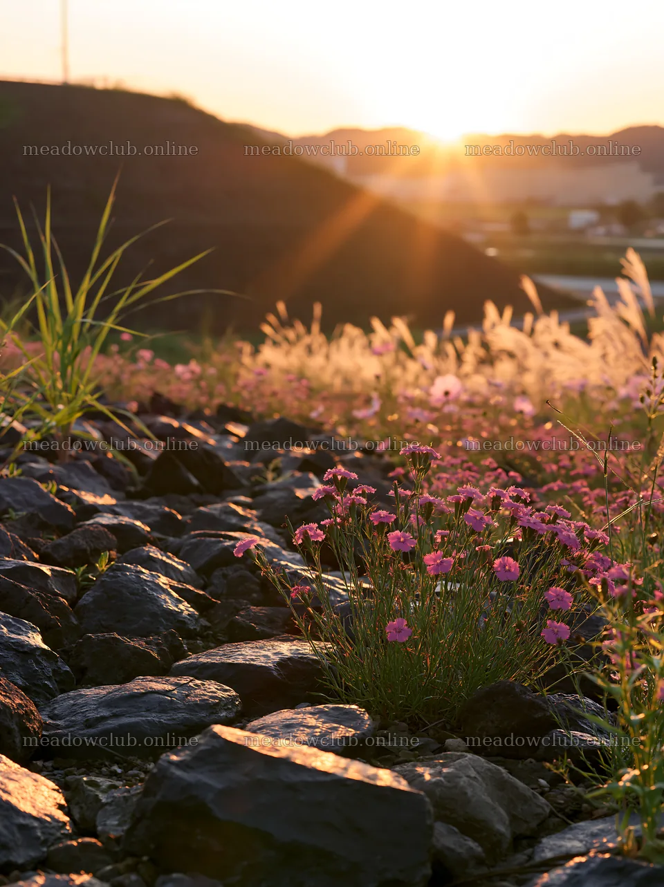 Kanagawa heat resilient meadow volcanic stones under sunset light – meadow photos 6866x9174
