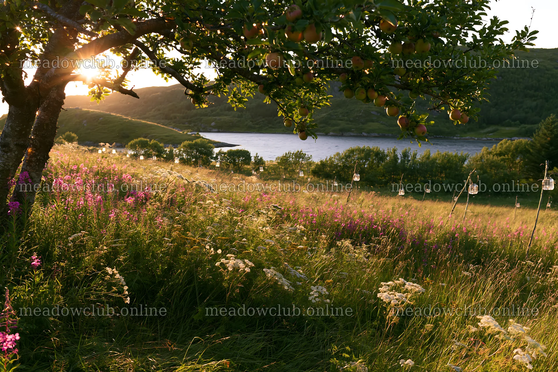 Christmas tree meadow with apples and lanterns in Lofoten – meadow photos 9722x6480