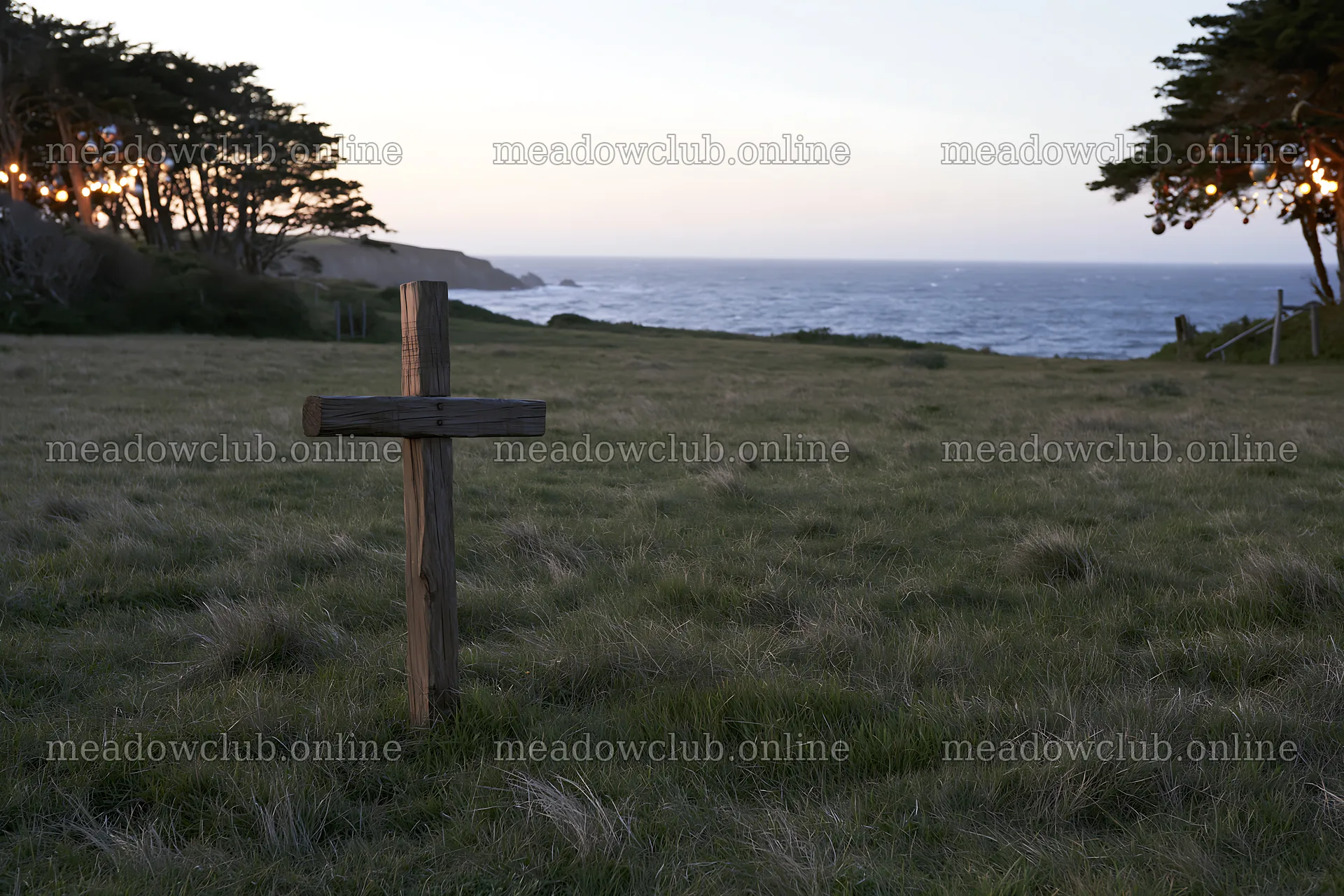 Christian cross in a meadow near the ocean at sunset – meadow photos 9722x6480