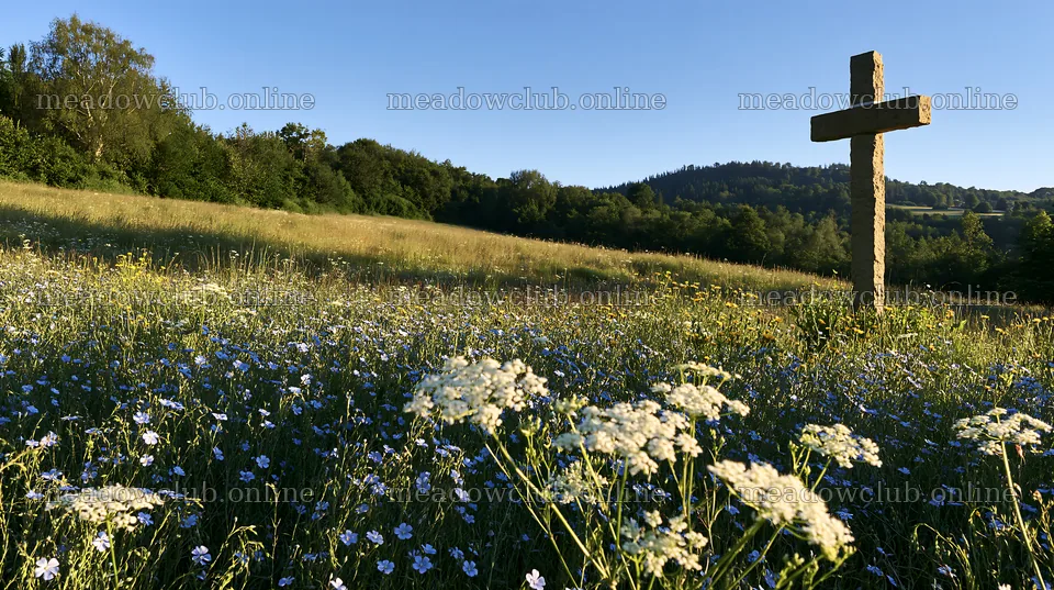 Christian cross in morning meadow with wildflowers – meadow photos 10608x5938