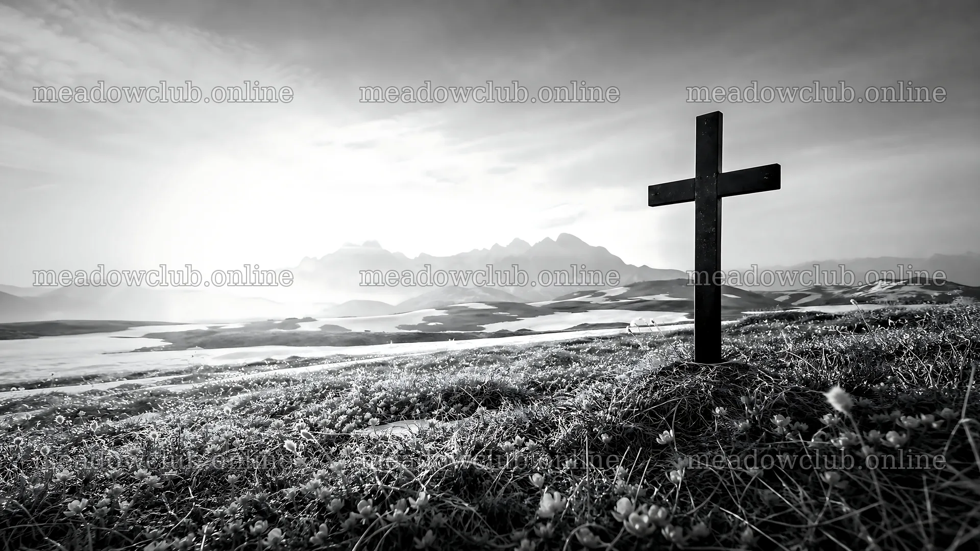 Christian cross in winter mountain meadow landscape – meadow photos 10584x5952