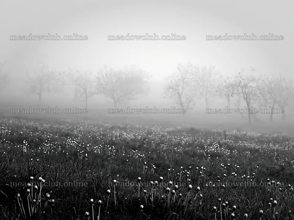 Dandelion orchard meadow with fog and blooming flowers – meadow photos 9174x6866