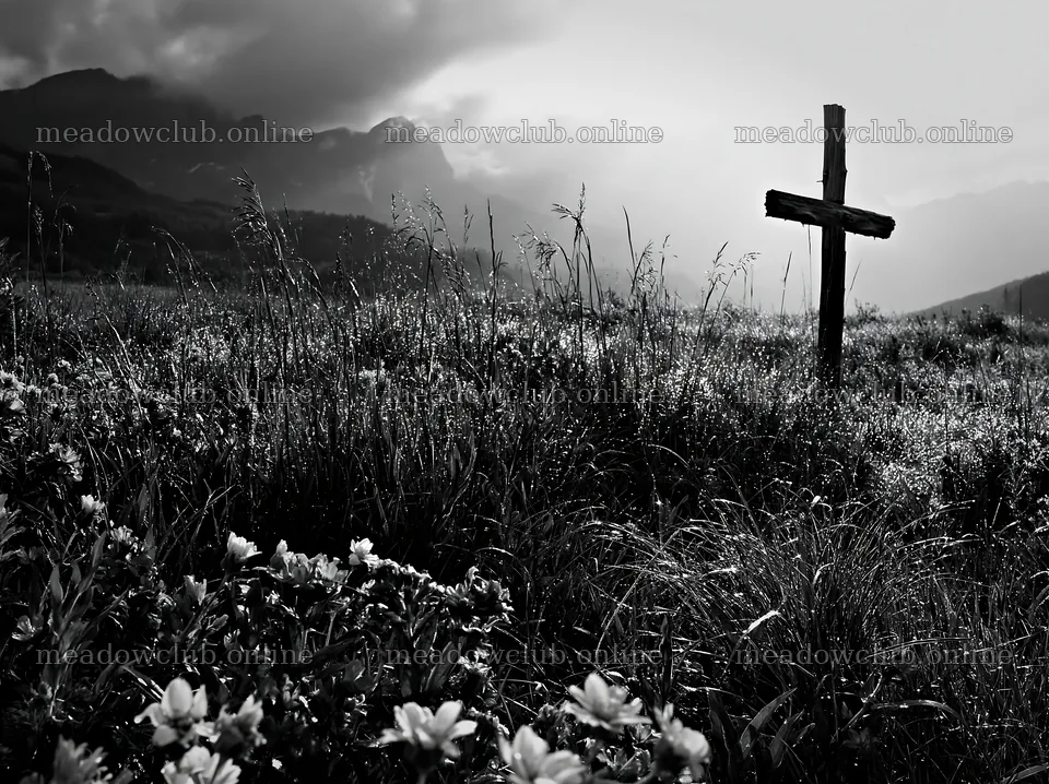 Wooden Christian cross in mountain meadow under cloudy sky – meadow photos 9174x6866