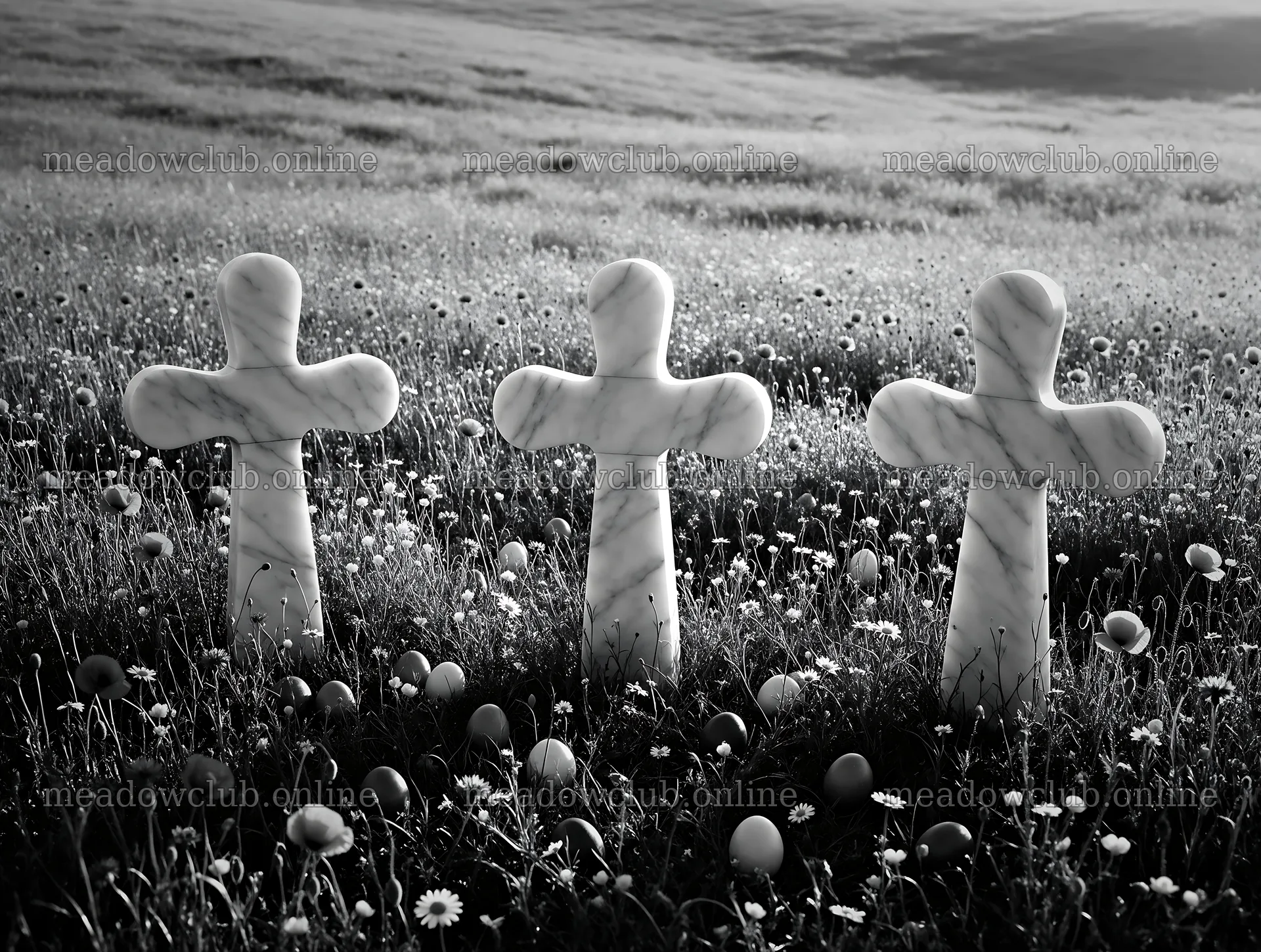 Christian crosses on meadow under sunrise – meadow photos 9134x6898