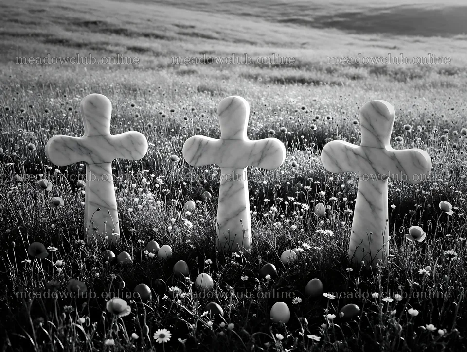 Christian crosses on meadow under sunrise – meadow photos 9134x6898