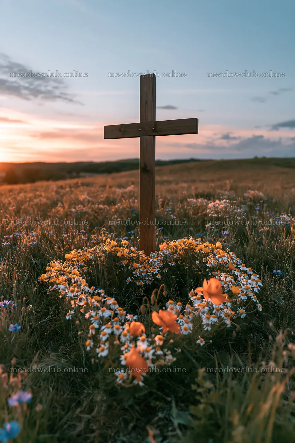 Christian cross in meadow surrounded by flowers at sunrise – meadow photos 6480x9722