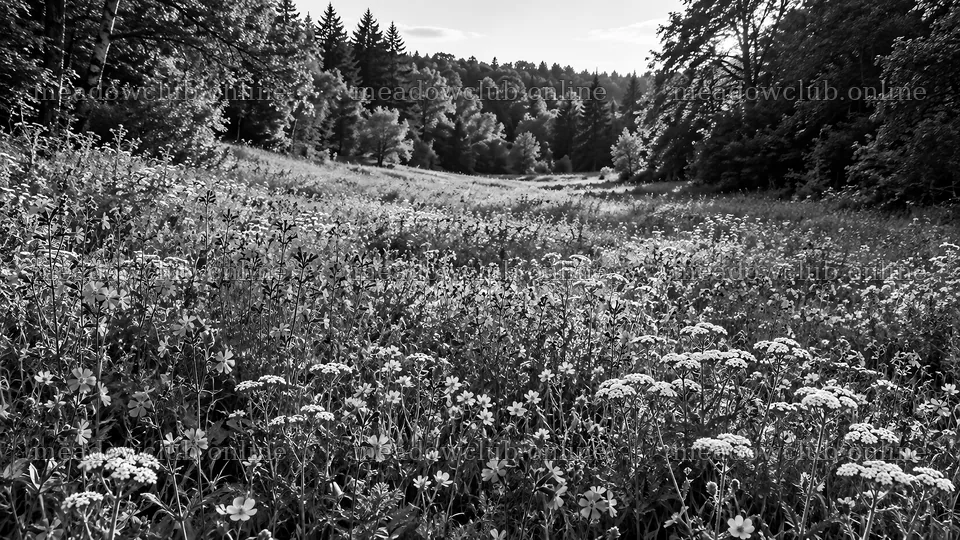 Wildflower Meadow at a Forest Edge in Monochrome – meadow photos 10324x5812