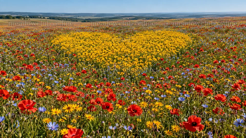 Heart-Shaped Meadow of Yellow Wildflowers – meadow photos 10324x5812