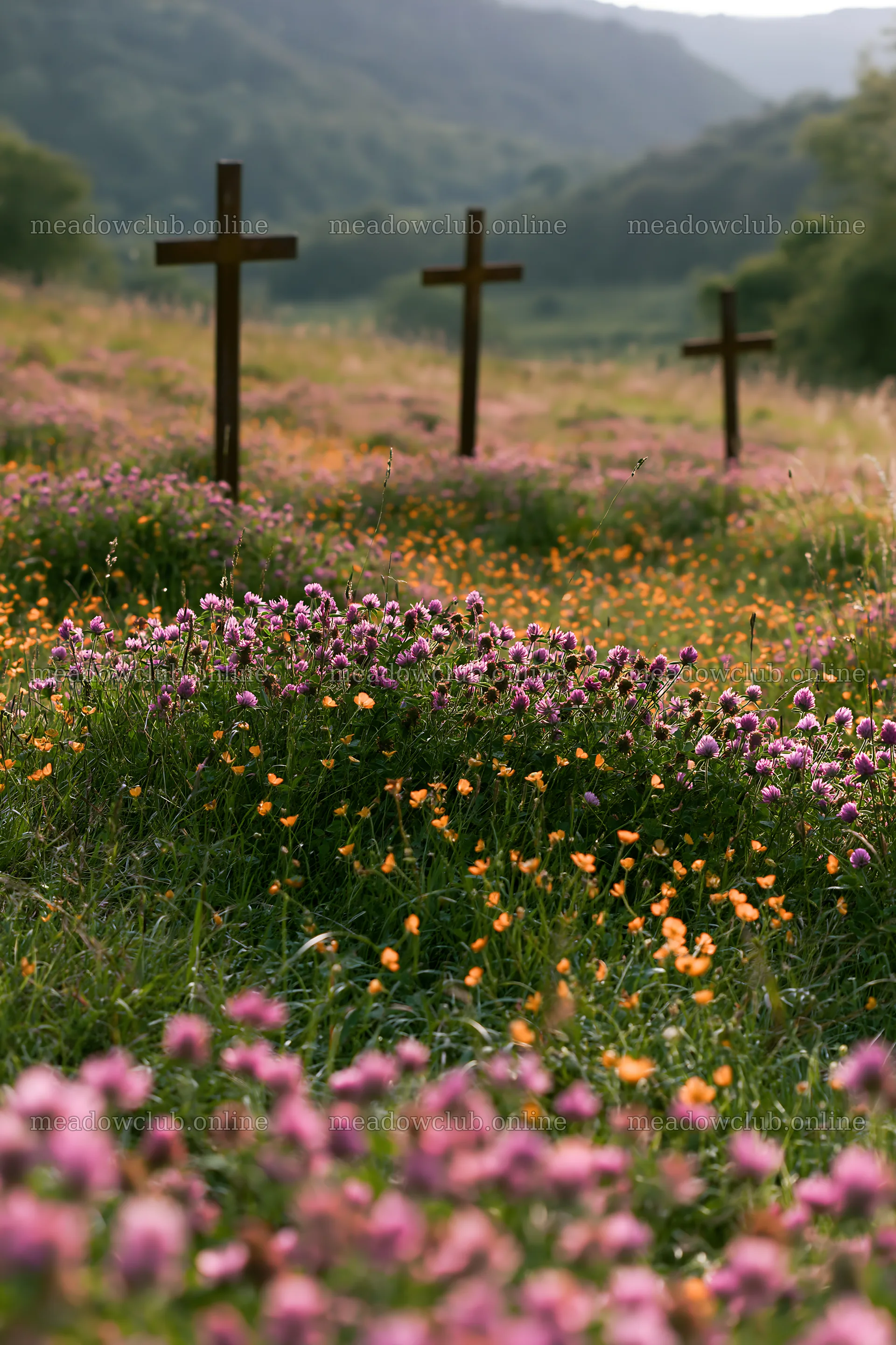 Three iron crosses in Advent meadow with wildflowers – meadow photos 6480x9722