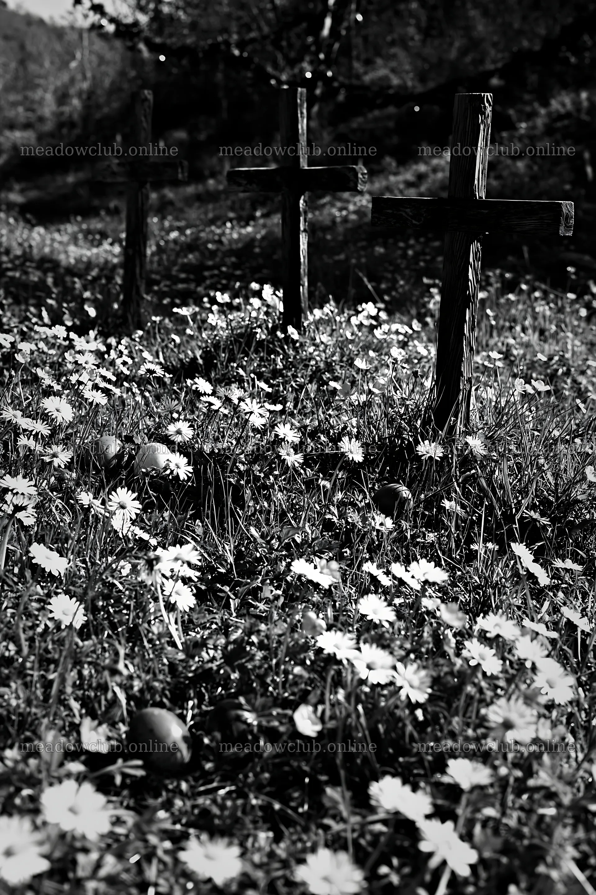 Three Christian crosses in a meadow with flowers – meadow photos 6480x9722