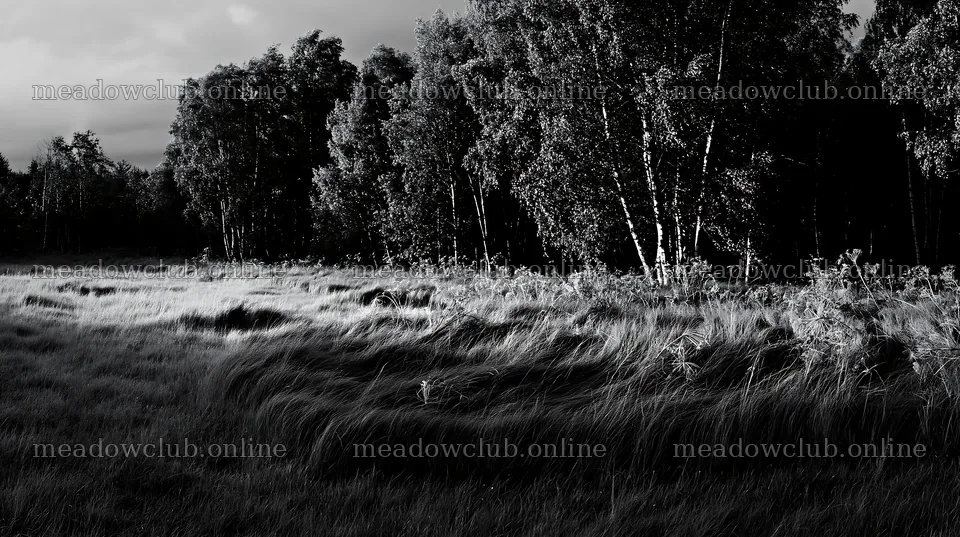 Birch forest meadow with tall grass and dark trees – meadow photos 10608x5938