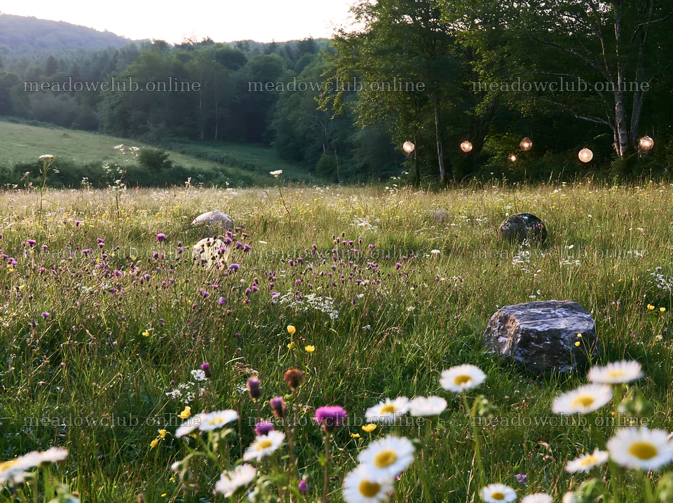Expansive meadow with flowers and stones at sunset – meadow photos 9174x6866