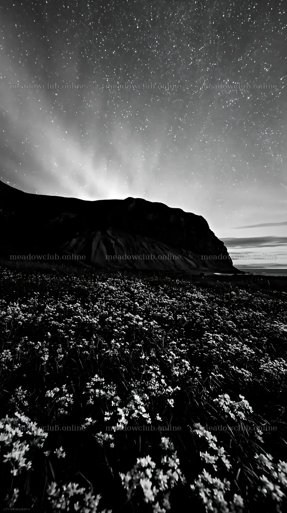 Aurora meadow coast with flowers and stars at night – meadow photos 5938x10608