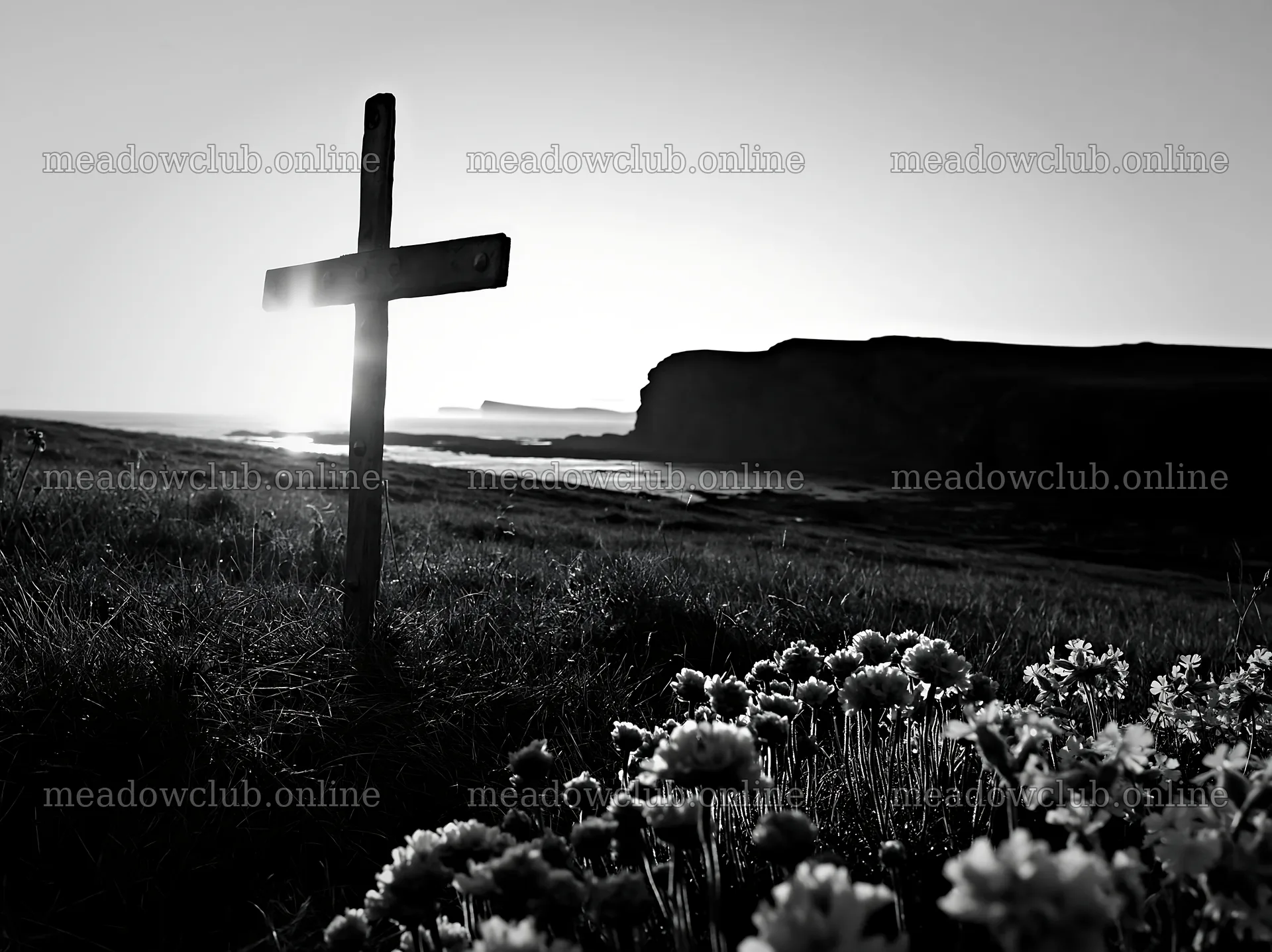 Christian cross at sunrise over a meadow – meadow photos 9174x6866
