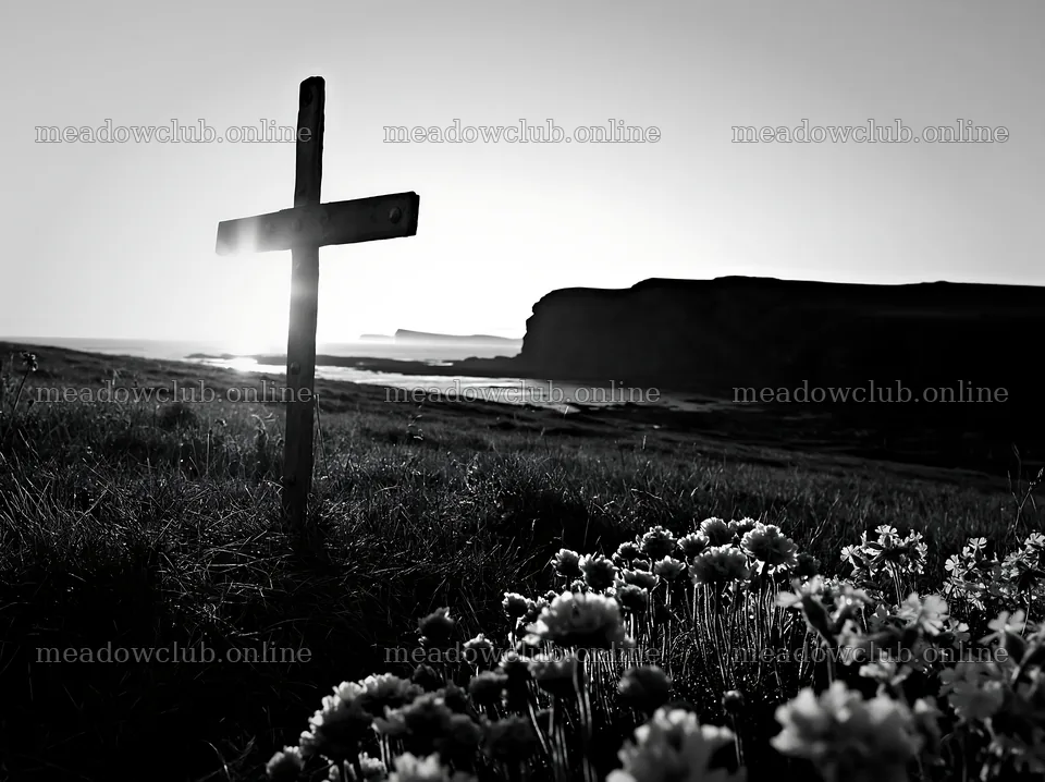 Christian cross at sunrise over a meadow – meadow photos 9174x6866