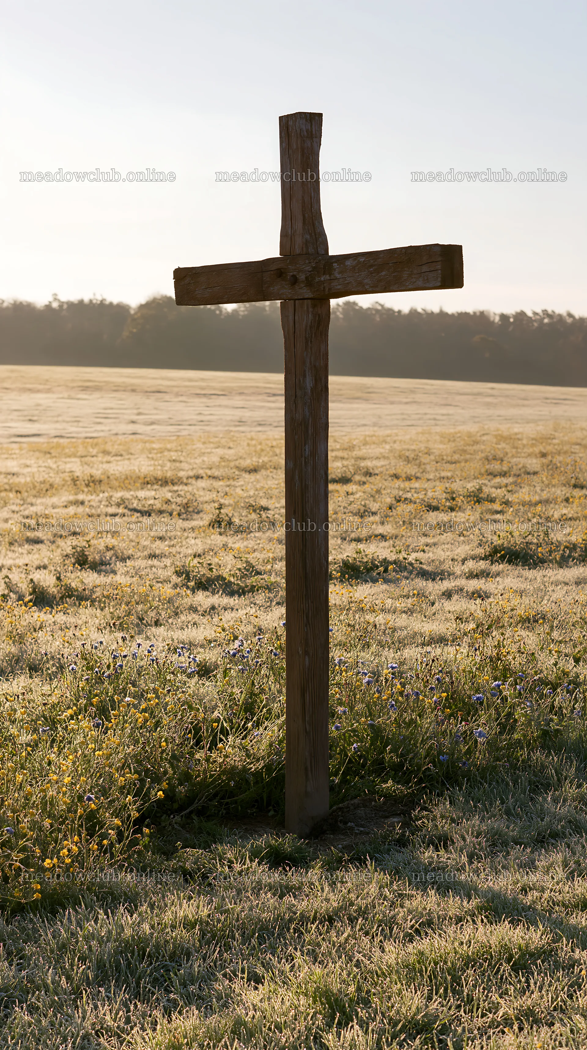 Wooden Christian cross in meadow during Christmas morning – meadow photos 5938x10608