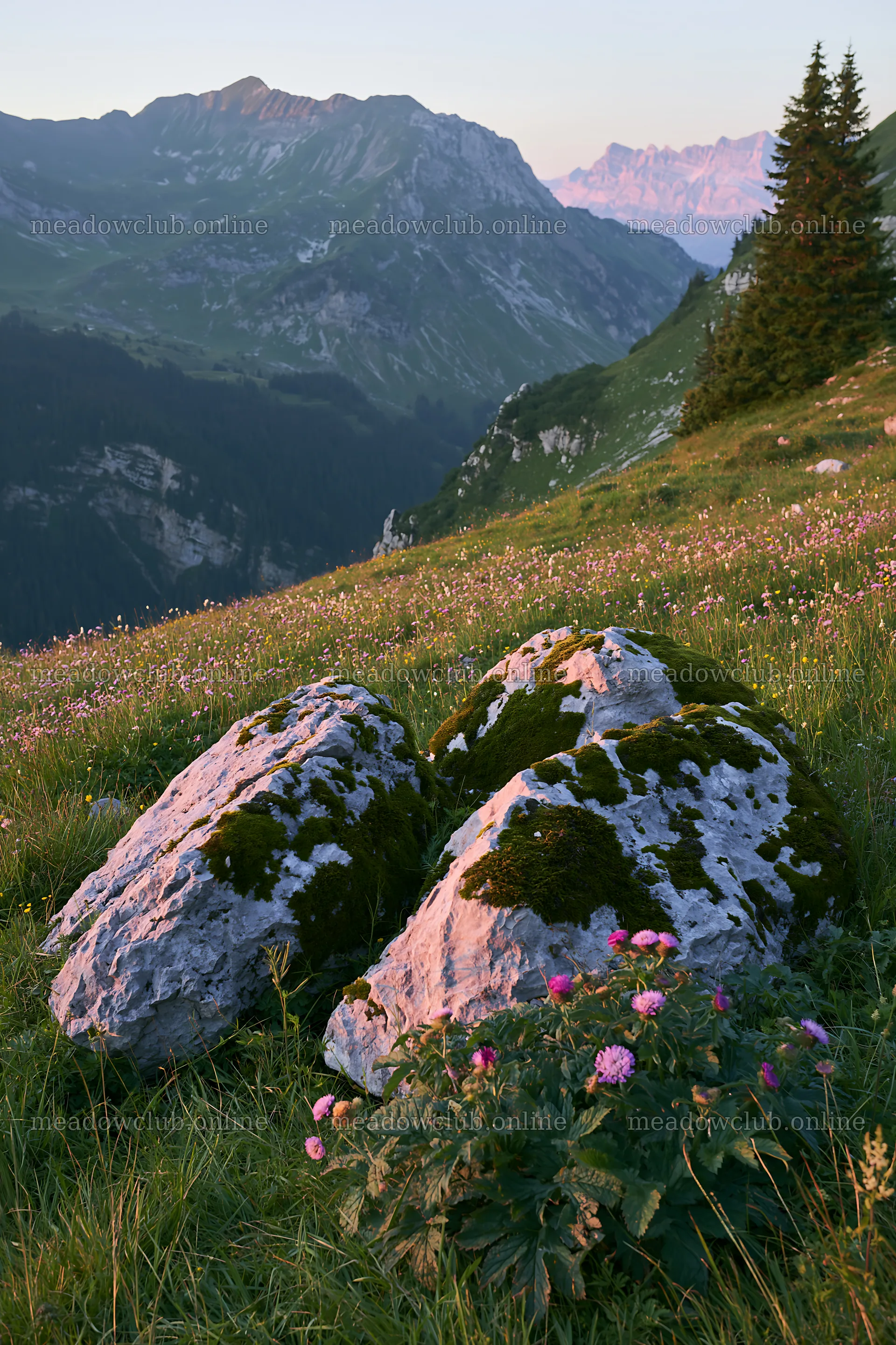 Mossy boulders in a meadow with flowers and mountains – meadow photos 6480x9722